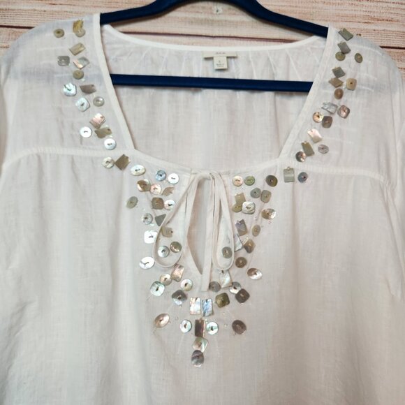 J. Jill Women's Large White Linen Sequin Iridescent Beaded Tunic Top Boho Crispy - Picture 2 of 16